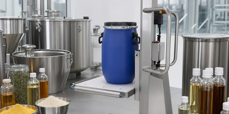 Mitarbeiter handhabt Fässer in einer sauberen Produktionsumgebung der Chemieindustrie