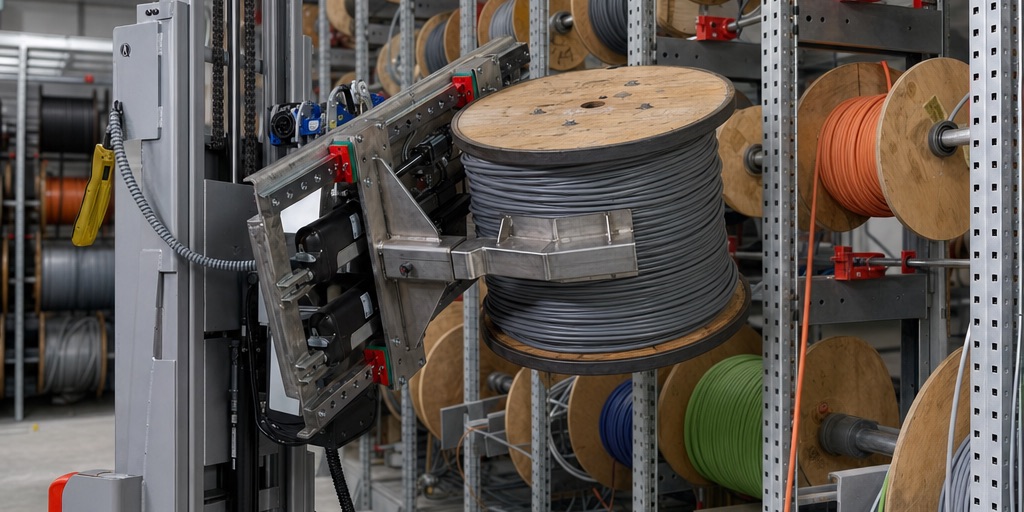 Mobile lifting device ezzLIFT inserting a heavy cable drum into a multi-tier cable rack.