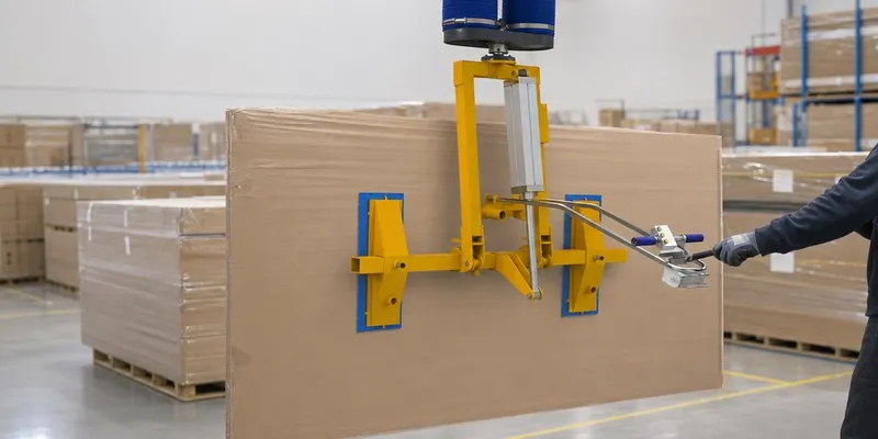 An employee lifting a packaged solar panel using a vacuum tube lifter in a logistics center