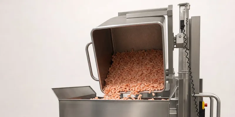 Employee using the ezzLIFT lifting device to handle boxes in a frozen food facility.