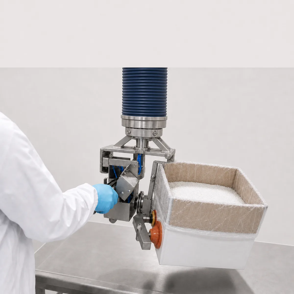 Greif- und Drehwerkzeug stabilisiert einen offenen Karton mit Innenliner