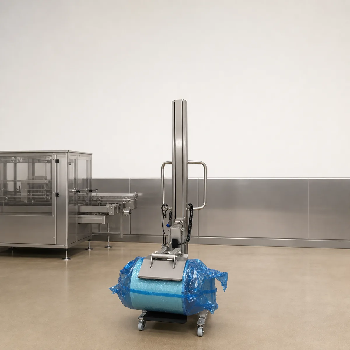 Hebehilfe ezzLIFT positioniert eine Materialrolle an einer Verpackungsmaschine