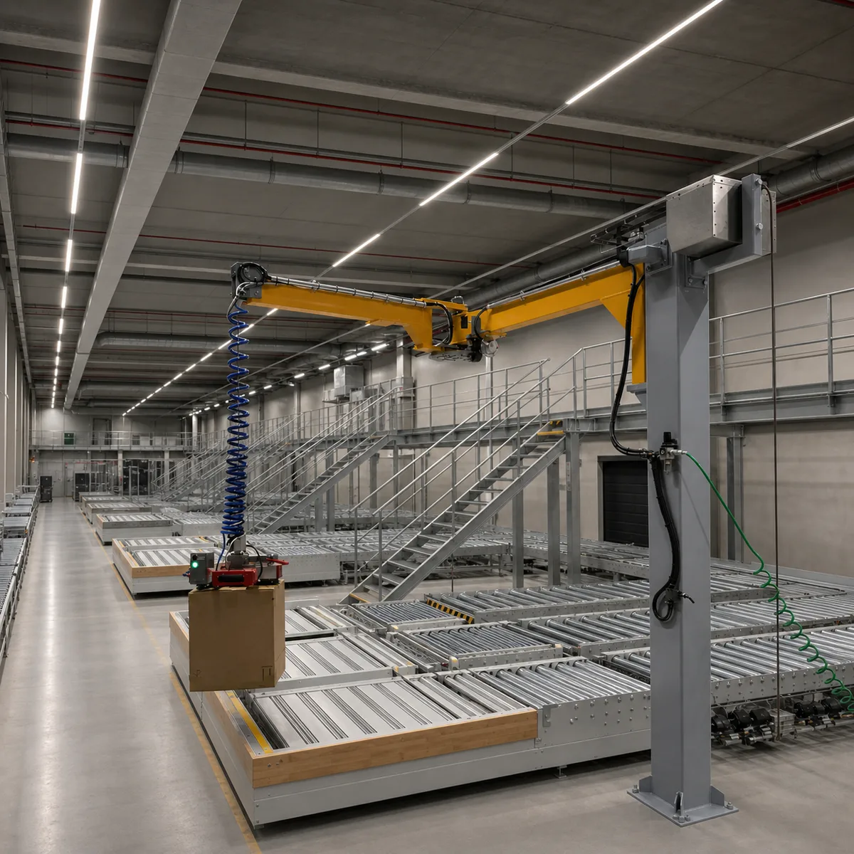 Handhabungsgerät übergibt einen Karton an eine Rollenförderanlage