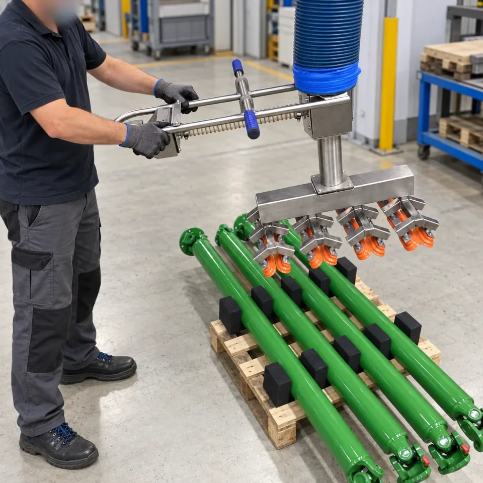 Multi-part gripper above elongated components on a pallet