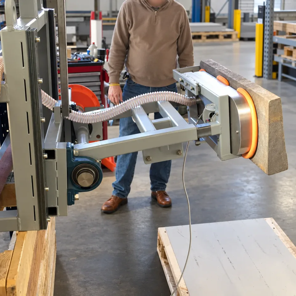 Gripper holding a solid stone crusher component