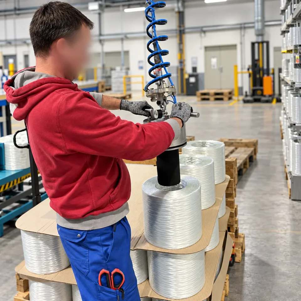 Vacuum lifter above stacked rolls