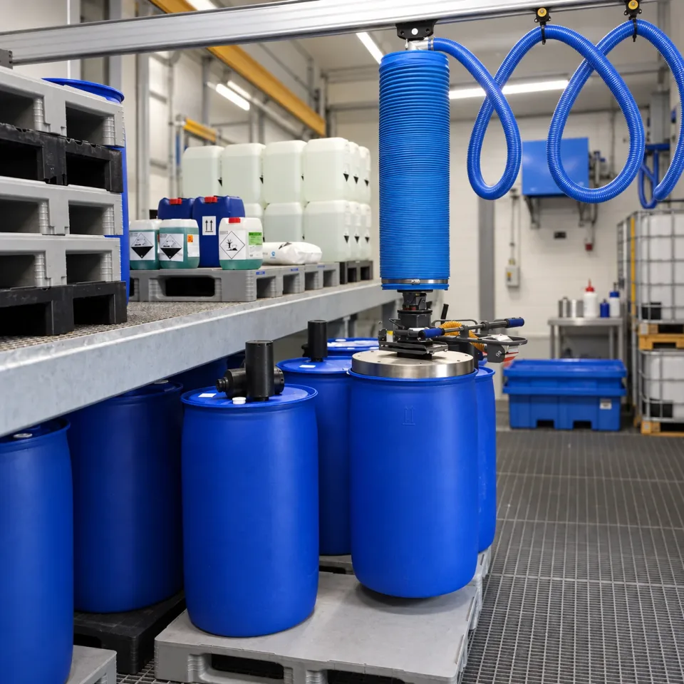 Vacuum lifter above blue plastic drums