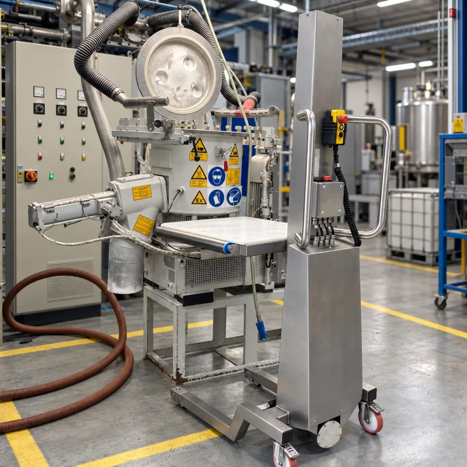 Mobile lifting aid at process equipment with a pressure gauge