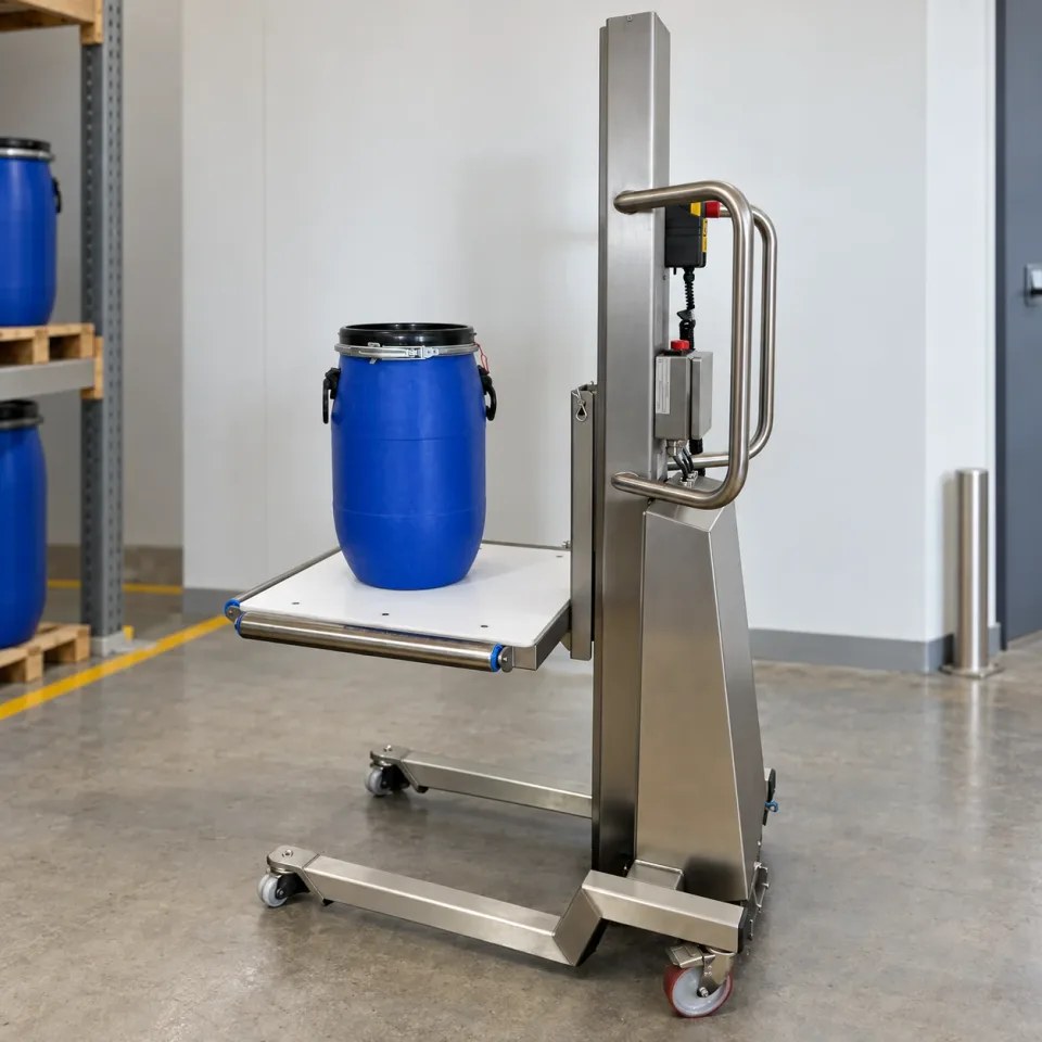 Plastic drum on a mobile lifting platform