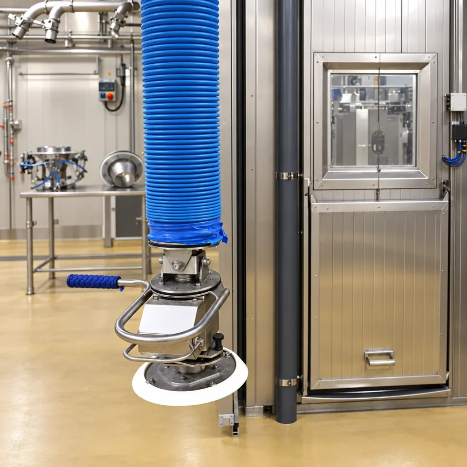 Vacuum gripper in front of stainless steel equipment