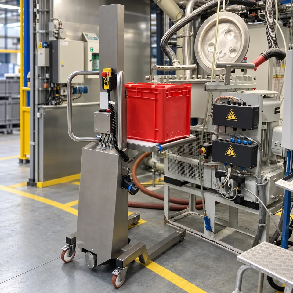 Mobile lifting aid with a red container at process equipment