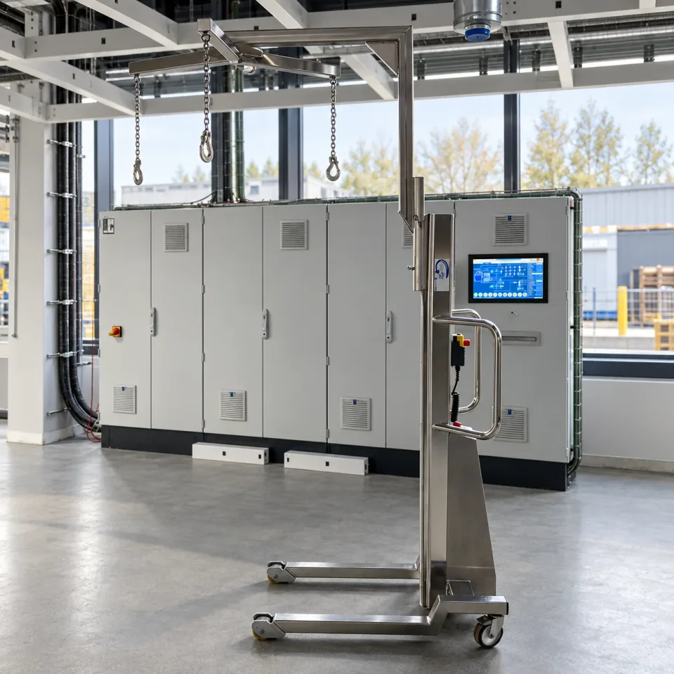 Mobile lifting aid in front of enclosed production equipment