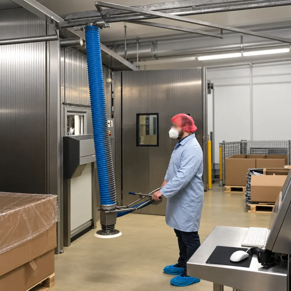 Operating a vacuum tube lifter in a production room
