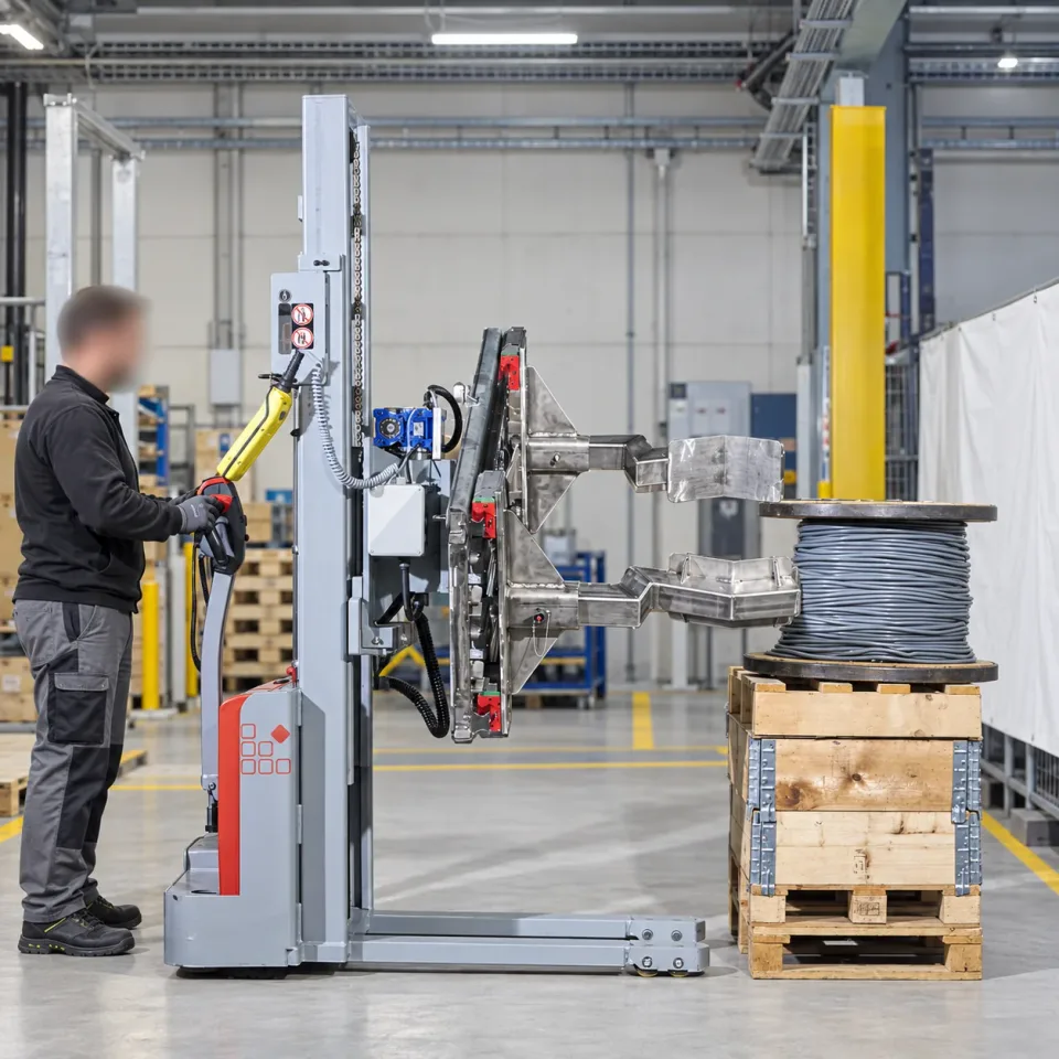 Mobile lifting aid beside palletized cable drums