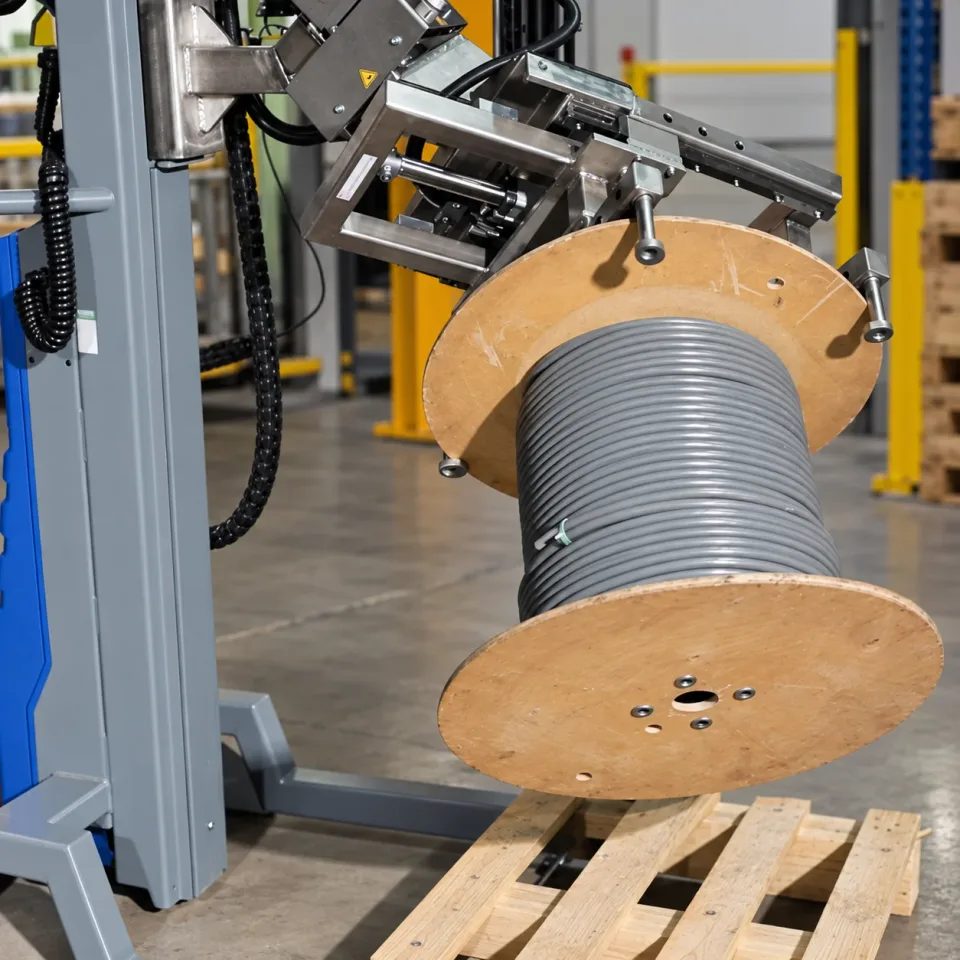 Cable drum held in a tilting attachment