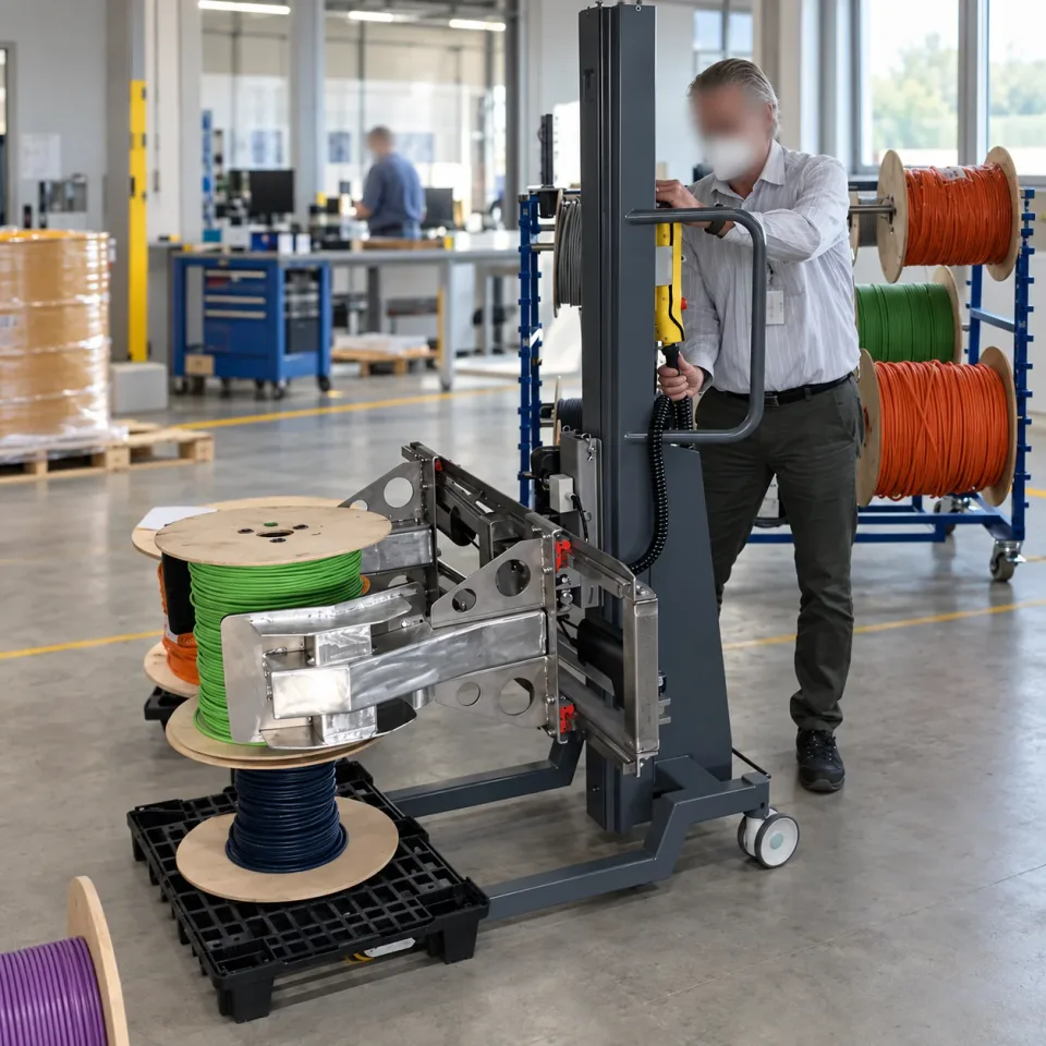 Handling a cable drum with a mobile lifting aid