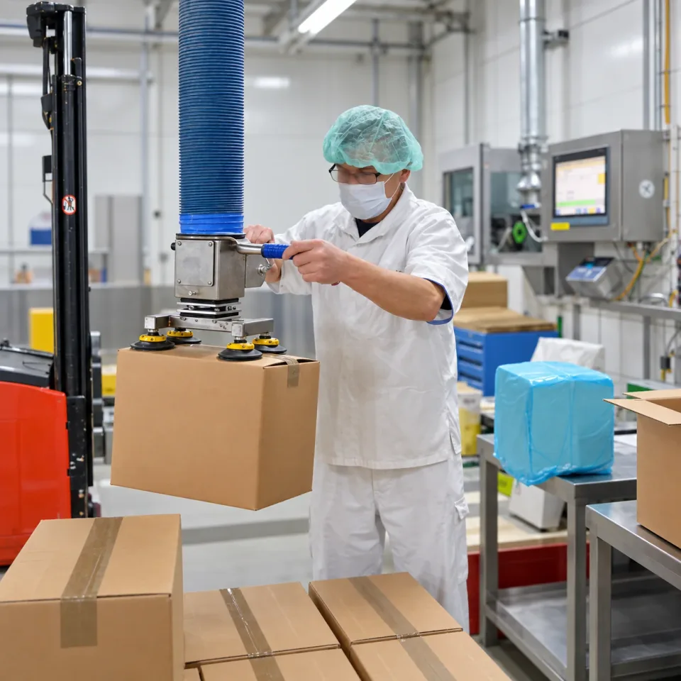 Picking a carton with a vacuum lifter in food production