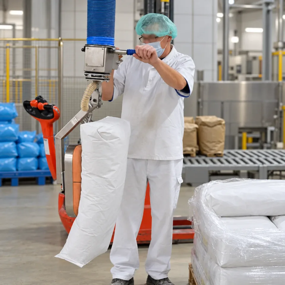 Sack handling with a tube lifter in a bakery