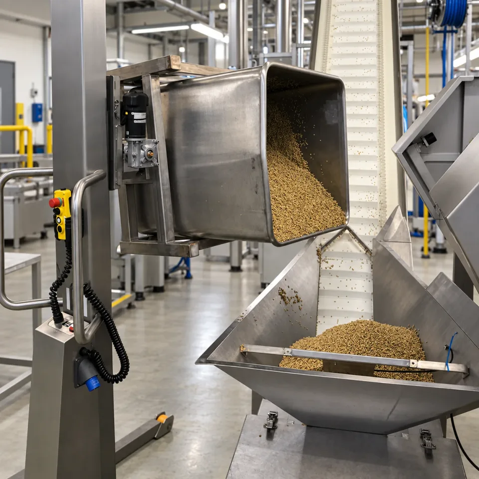Tipping a stainless steel container of bulk material