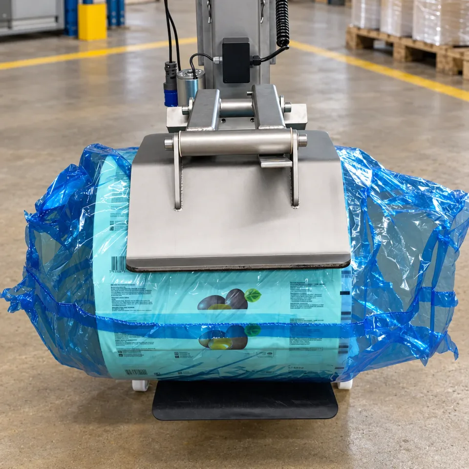 Gripper holding a wrapped roll