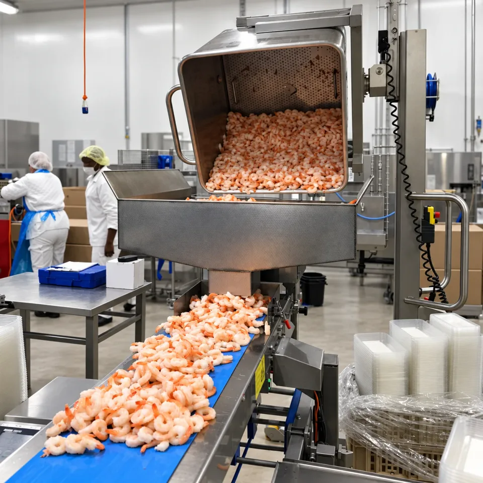 Emptying a food container onto a conveyor