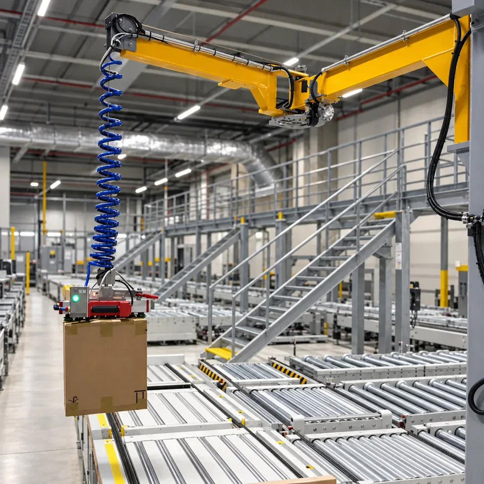 Carton handling with a tube lifter at a roller conveyor