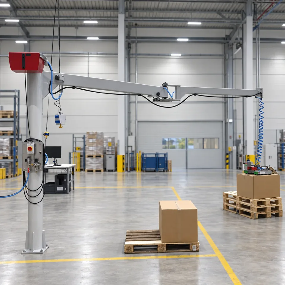 Articulated jib crane above a pallet area