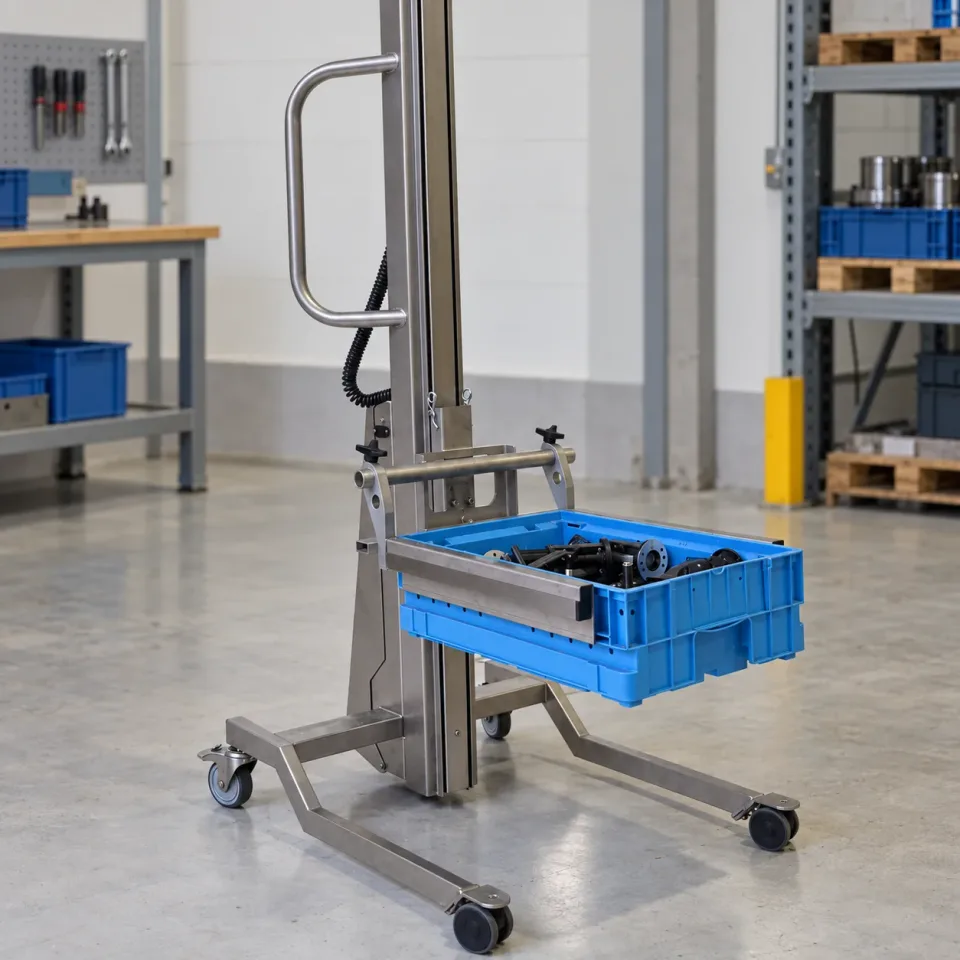 Transporting a blue parts bin with a mobile lifting aid
