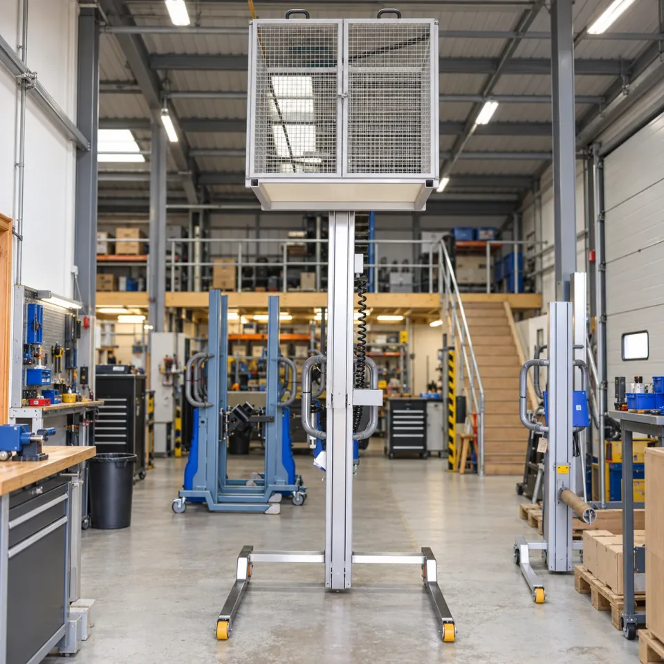 Mobile lifting platform in a warehouse aisle