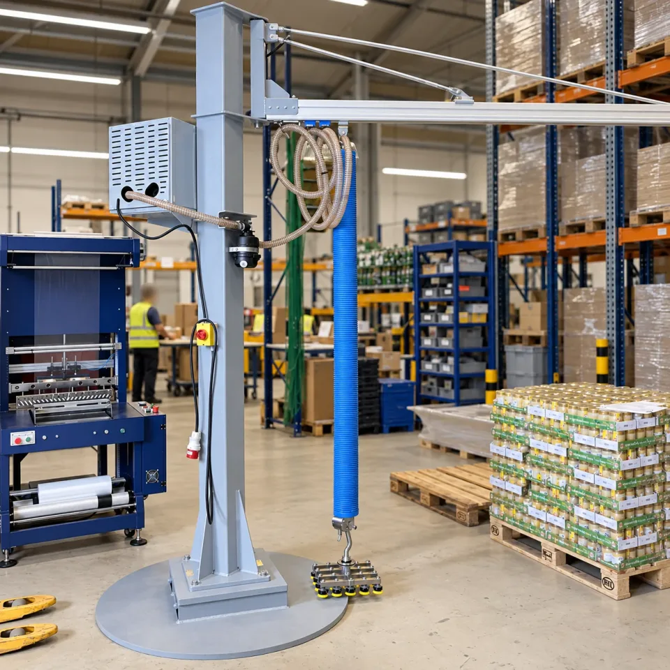 Lifting system beside palletized goods in a warehouse