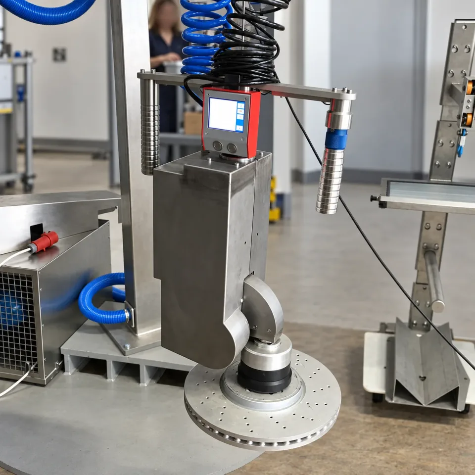Lifting gripper above a round metal component