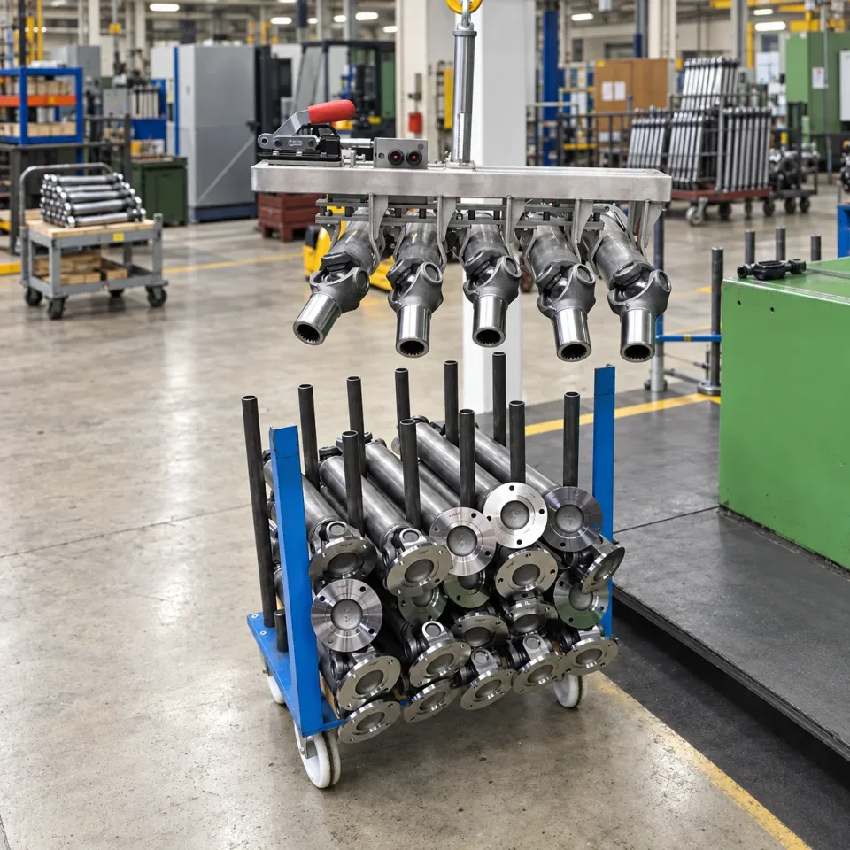 Multi-part gripper above a rack of drive shafts