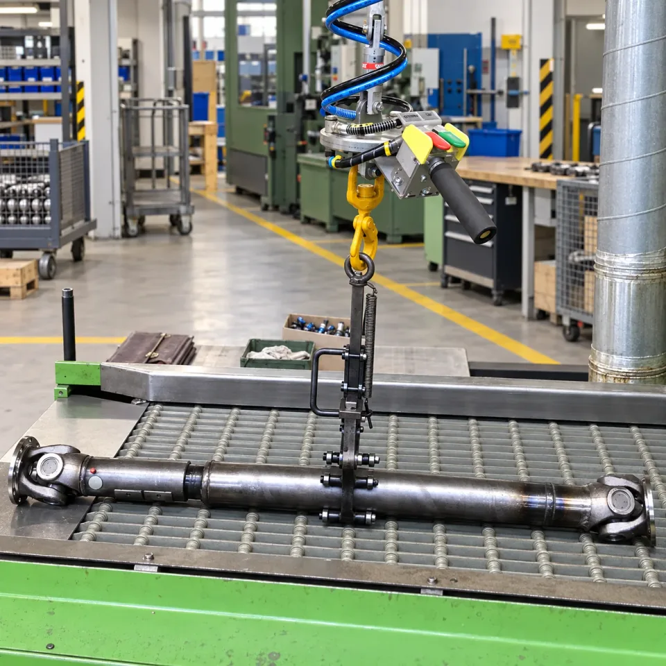 Drive shaft suspended from a lifting gripper above a roller conveyor