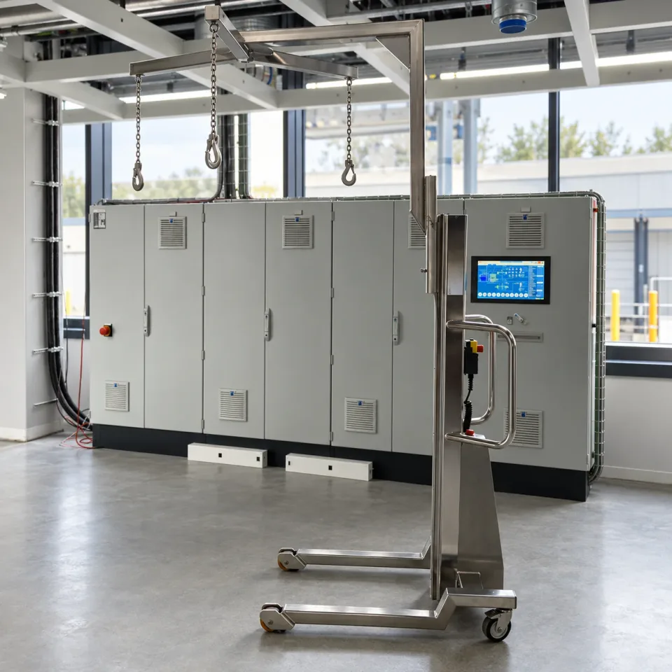 Mobile lifting aid in front of production equipment