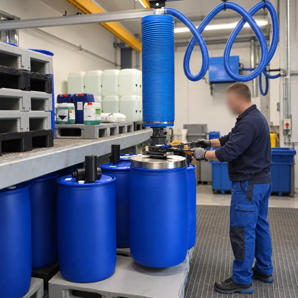 Picking a plastic drum with a vacuum lifter