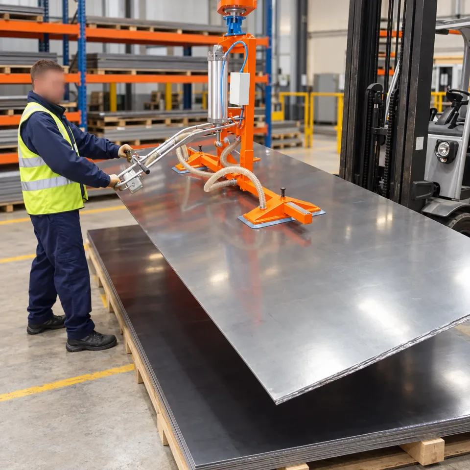 Lifting a metal sheet with vacuum suction cups