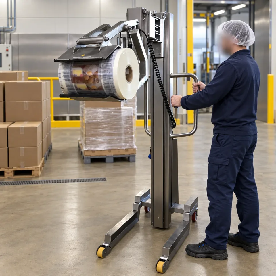 Lifting a packaging roll with a mobile lifting aid